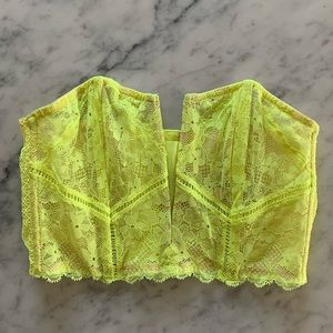 NWOT Victoria’s Secret neon yellow bustier with deep V pale pink trim Size S